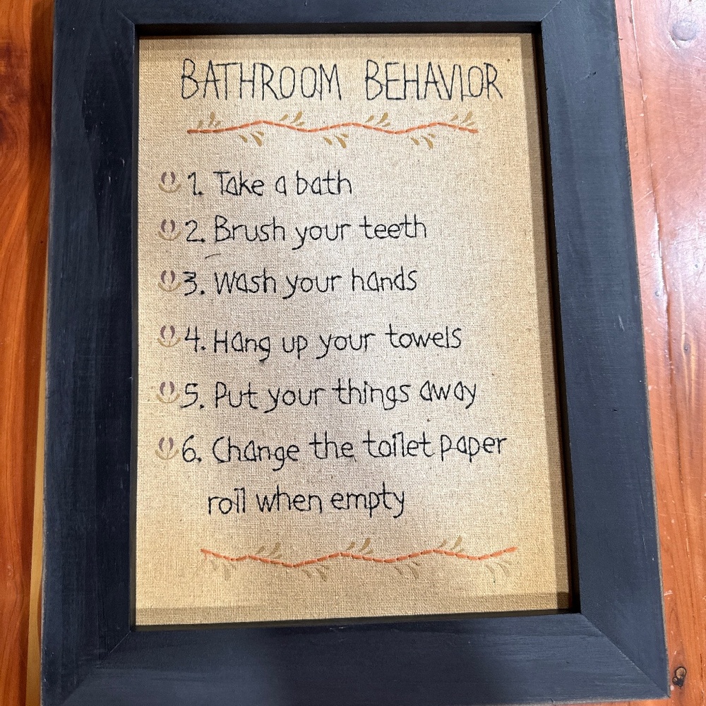 Primitive farm country bathroom framed embroidery